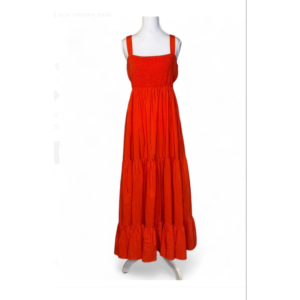 ZARA Coral Orange Smocked Tiered Sleeveless Square Neck Maxi Cami Dress Size XL